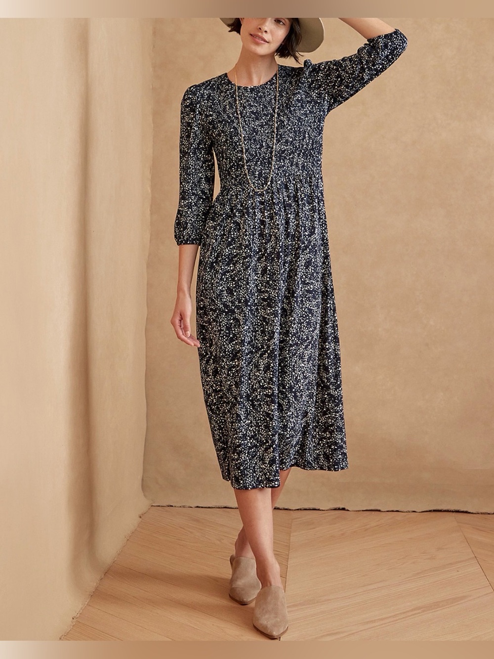 Garnet Hill Navy and White Printed Midi Dress